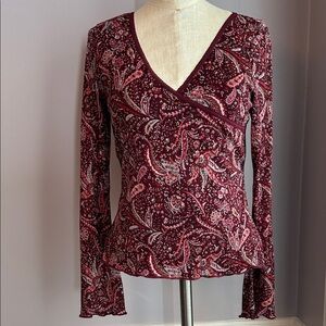 Old Navy Maroon Paisley V-Neck Long Sleeve Mesh Top Lettuce Edge